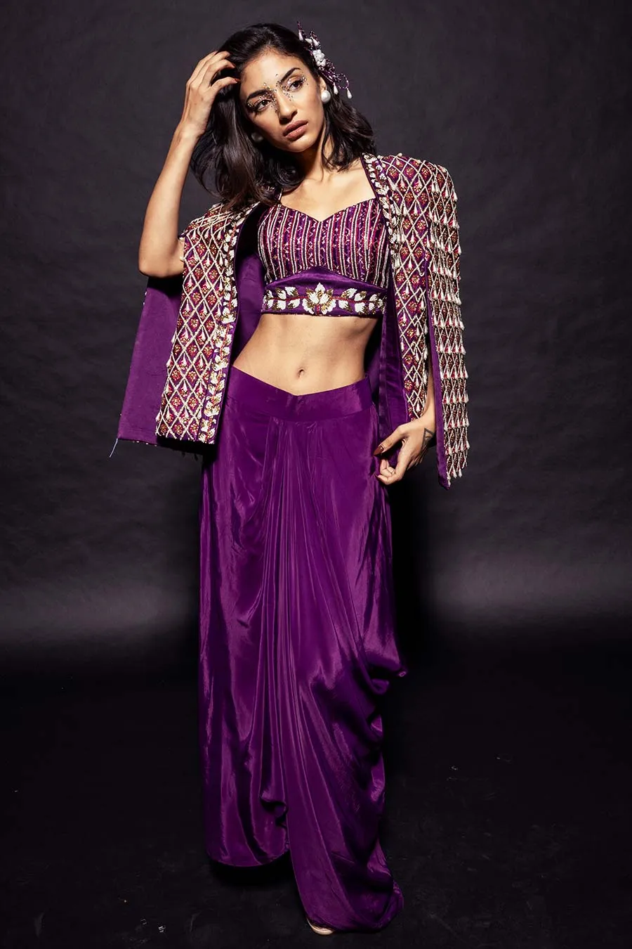 Purple Ajrakh Embroidered Blouse, Jacket & Skirt Set