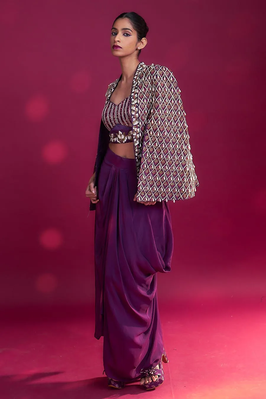 Purple Ajrakh Embroidered Blouse, Jacket & Skirt Set