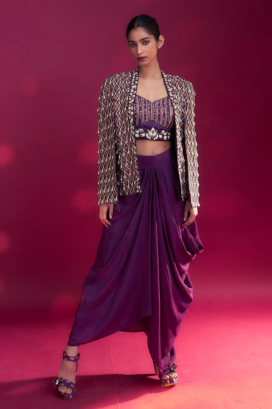 Purple Ajrakh Embroidered Blouse, Jacket & Skirt Set