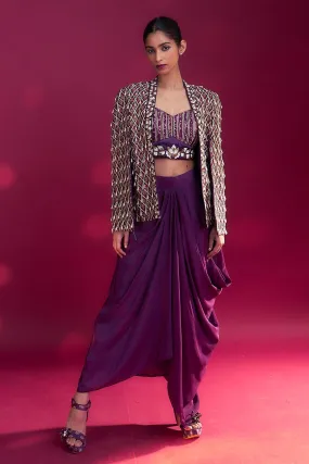 Purple Ajrakh Embroidered Blouse, Jacket & Skirt Set