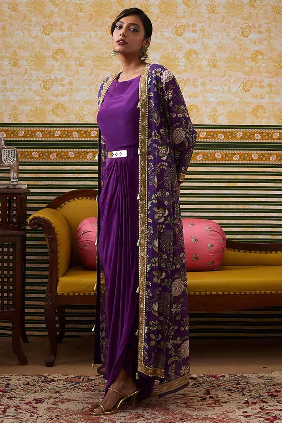 Purple Mehr Drape Dress with Printed Jacket Set