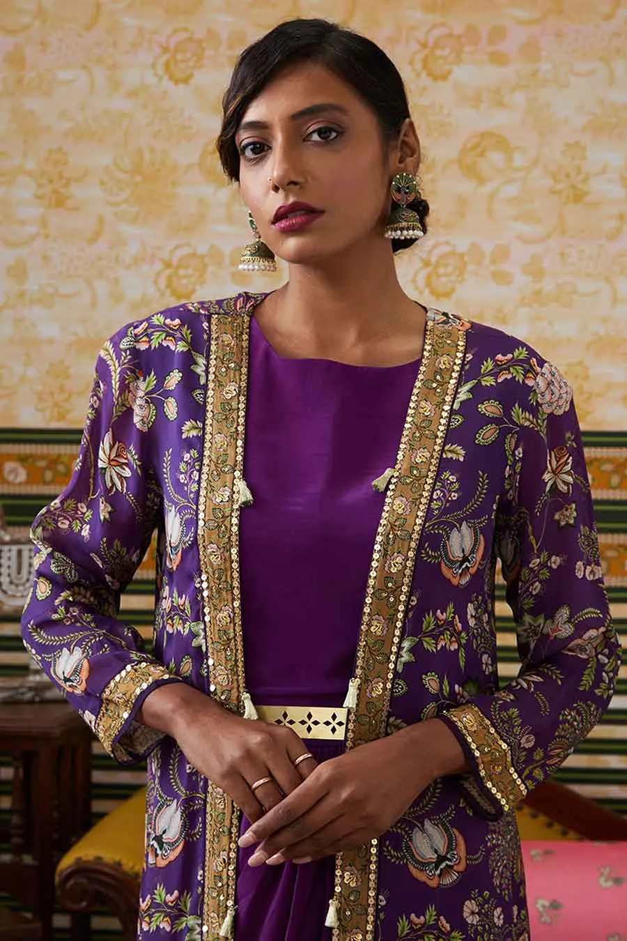 Purple Mehr Drape Dress with Printed Jacket Set