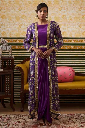 Purple Mehr Drape Dress with Printed Jacket Set