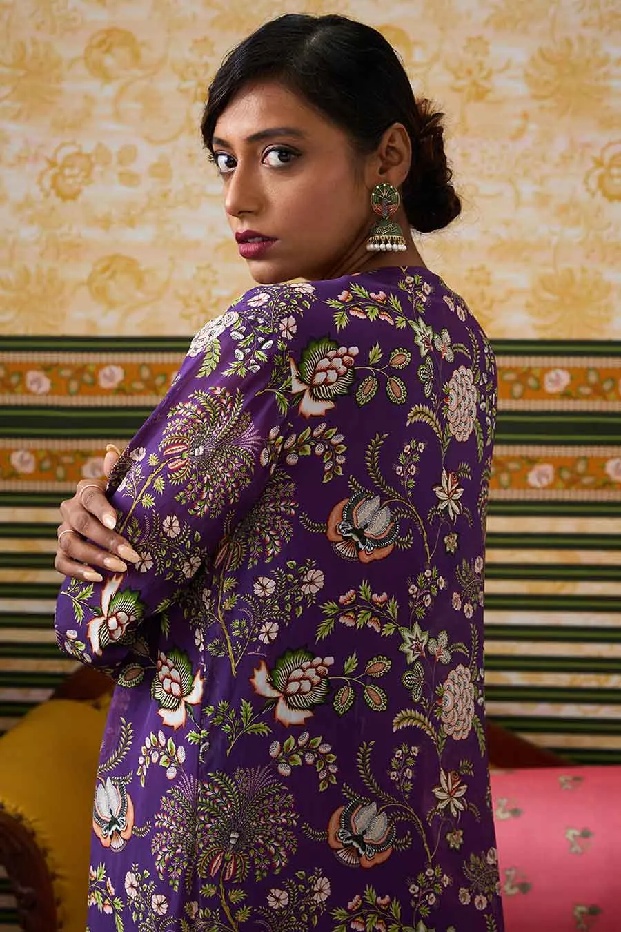 Purple Mehr Drape Dress with Printed Jacket Set