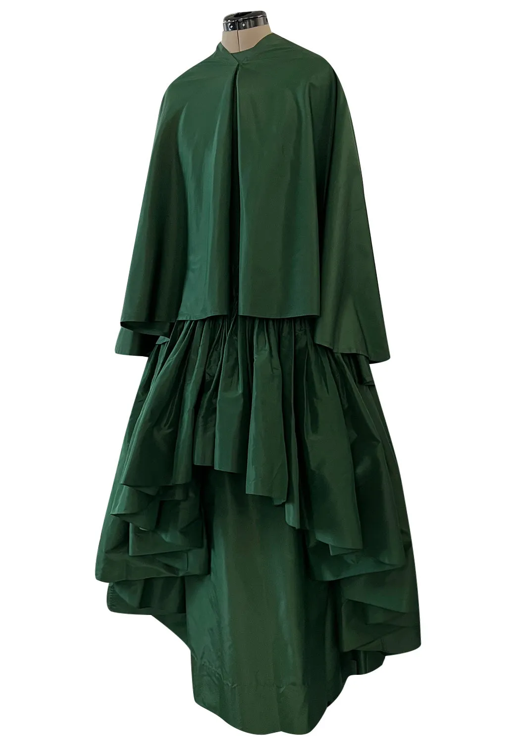 Rare 1977 Madame Gres Haute Couture Dress & Cape in a Deep Green Silk Taffeta