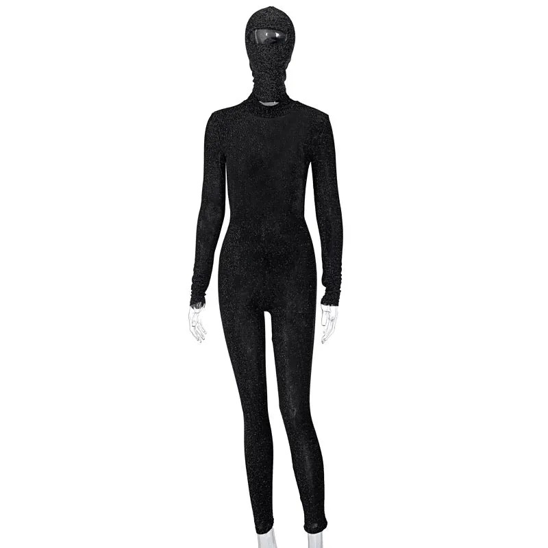 “Rider” glitter detail face cover bodysuit backless jumpsuit