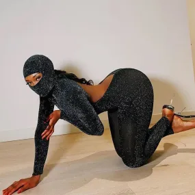 “Rider” glitter detail face cover bodysuit backless jumpsuit