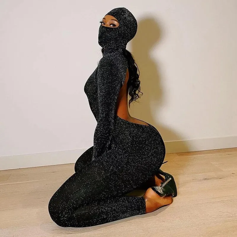 “Rider” glitter detail face cover bodysuit backless jumpsuit
