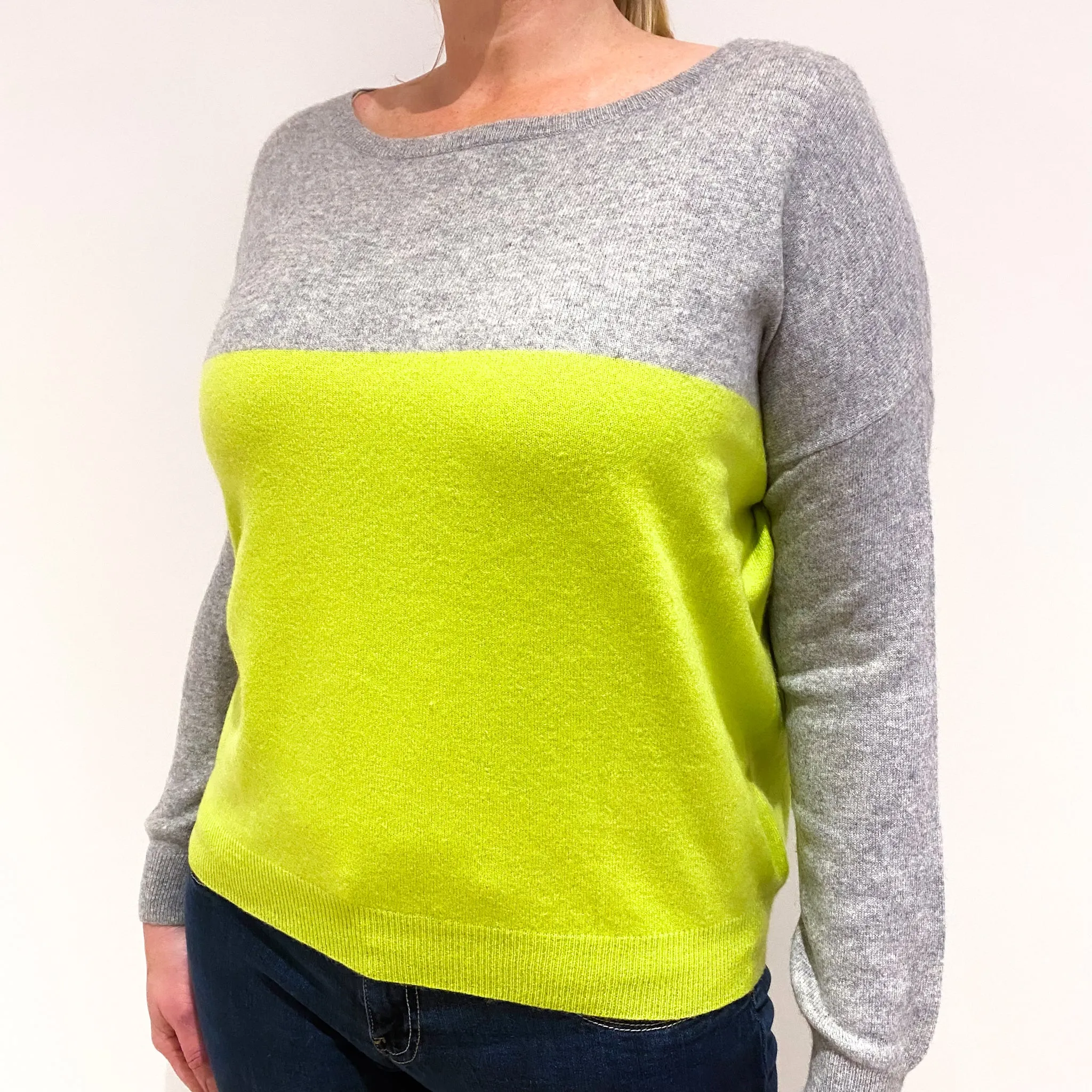 Smoke Grey Neon Yellow Cashmere Boat Neck Jumper Large
