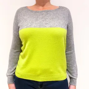 Smoke Grey Neon Yellow Cashmere Boat Neck Jumper Large