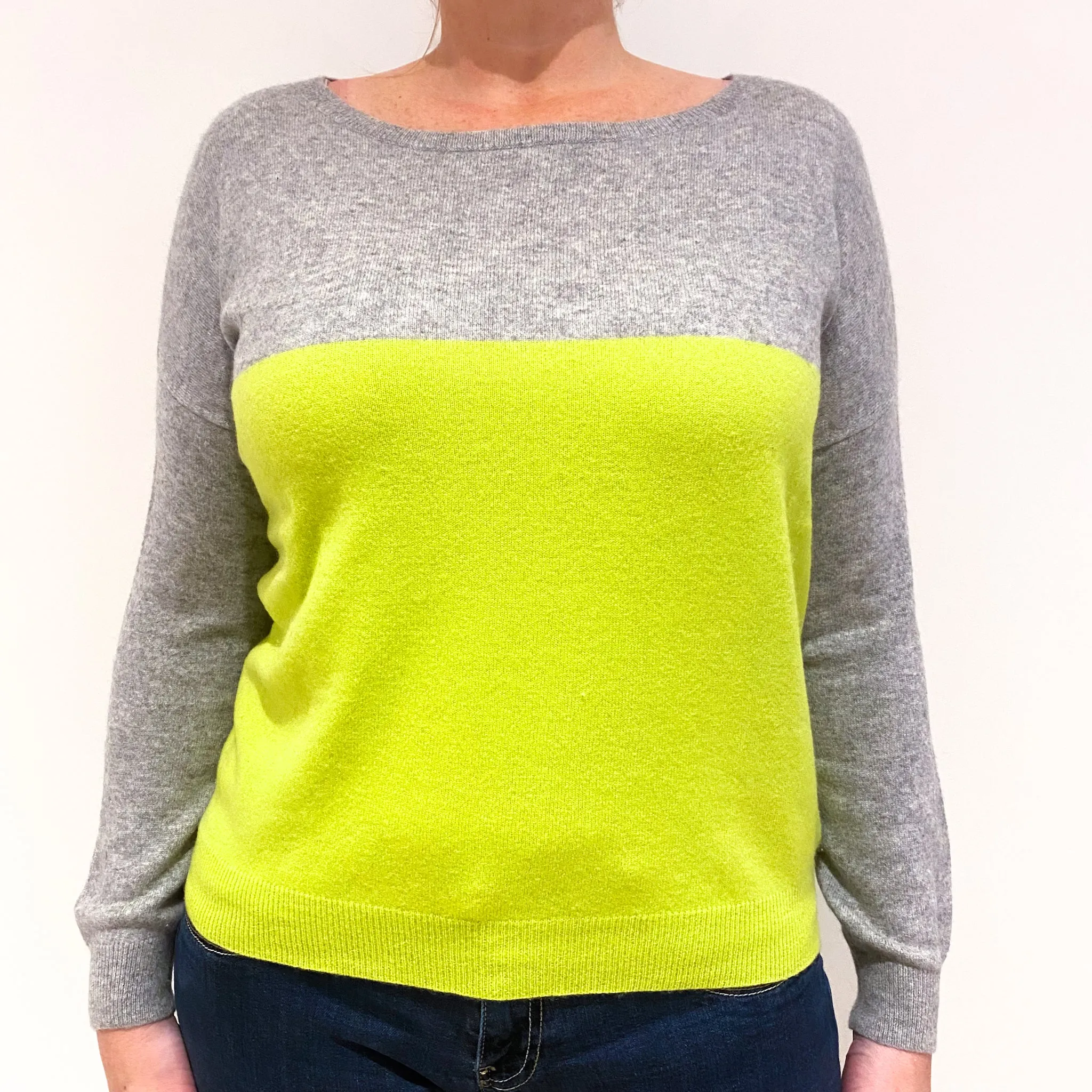 Smoke Grey Neon Yellow Cashmere Boat Neck Jumper Large