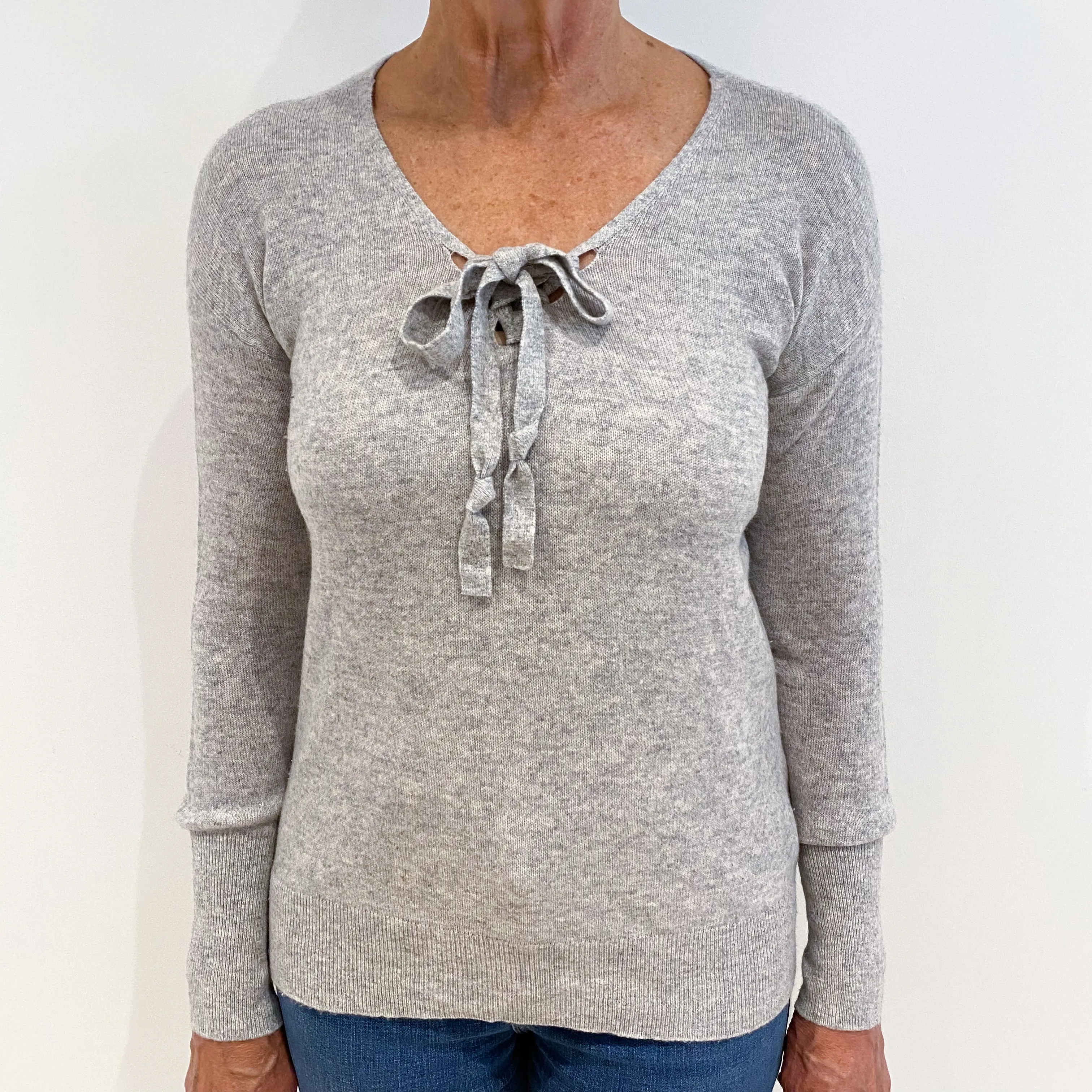 Smoke Grey Tie Front Cashmere V-Neck Jumper Medium