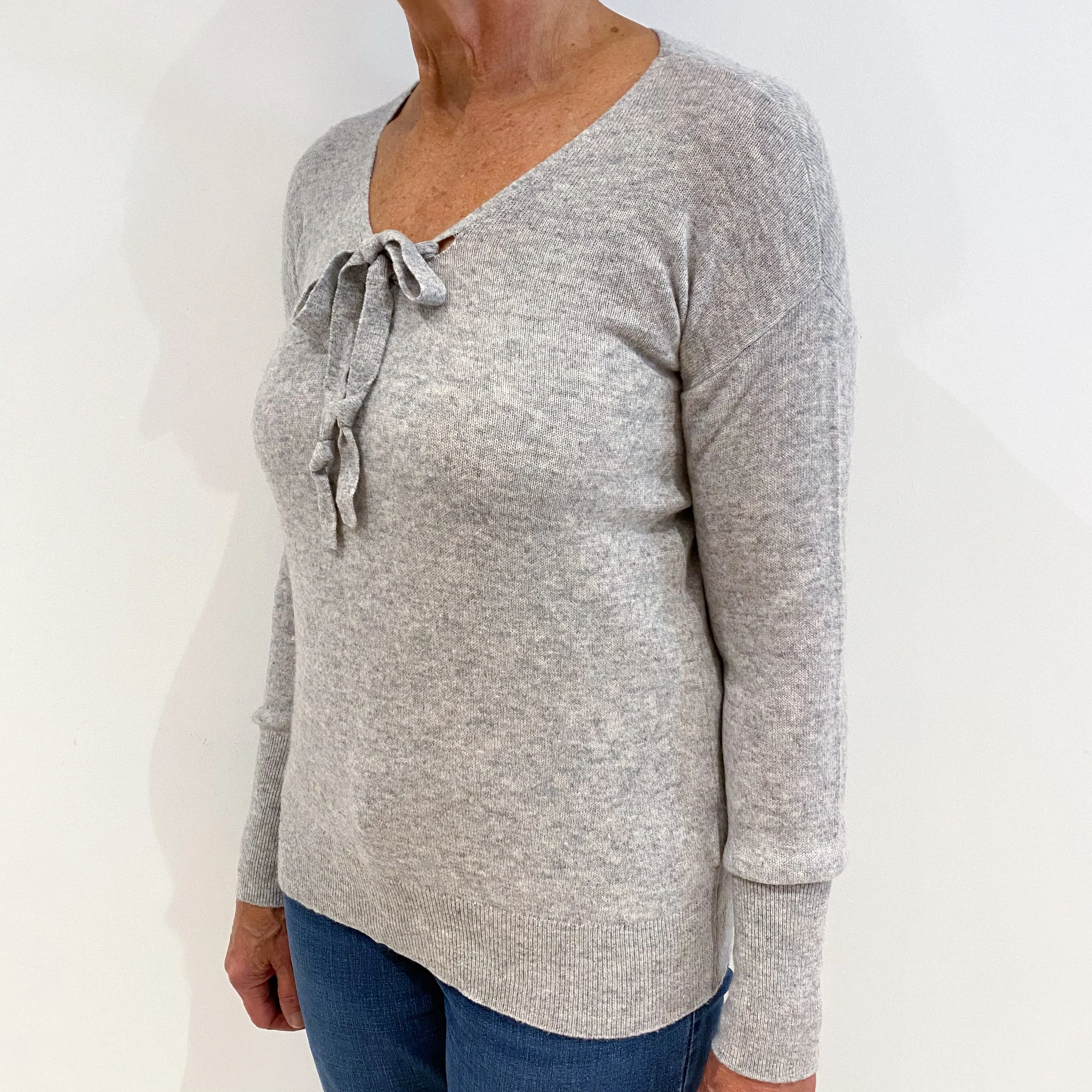 Smoke Grey Tie Front Cashmere V-Neck Jumper Medium