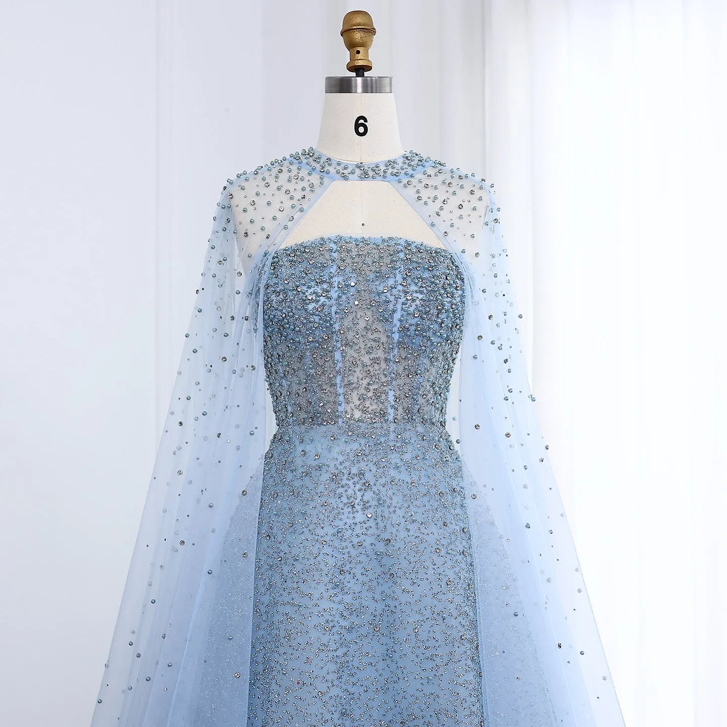 Sparkly Crystal Turquoise Evening Dress with Cape SS198