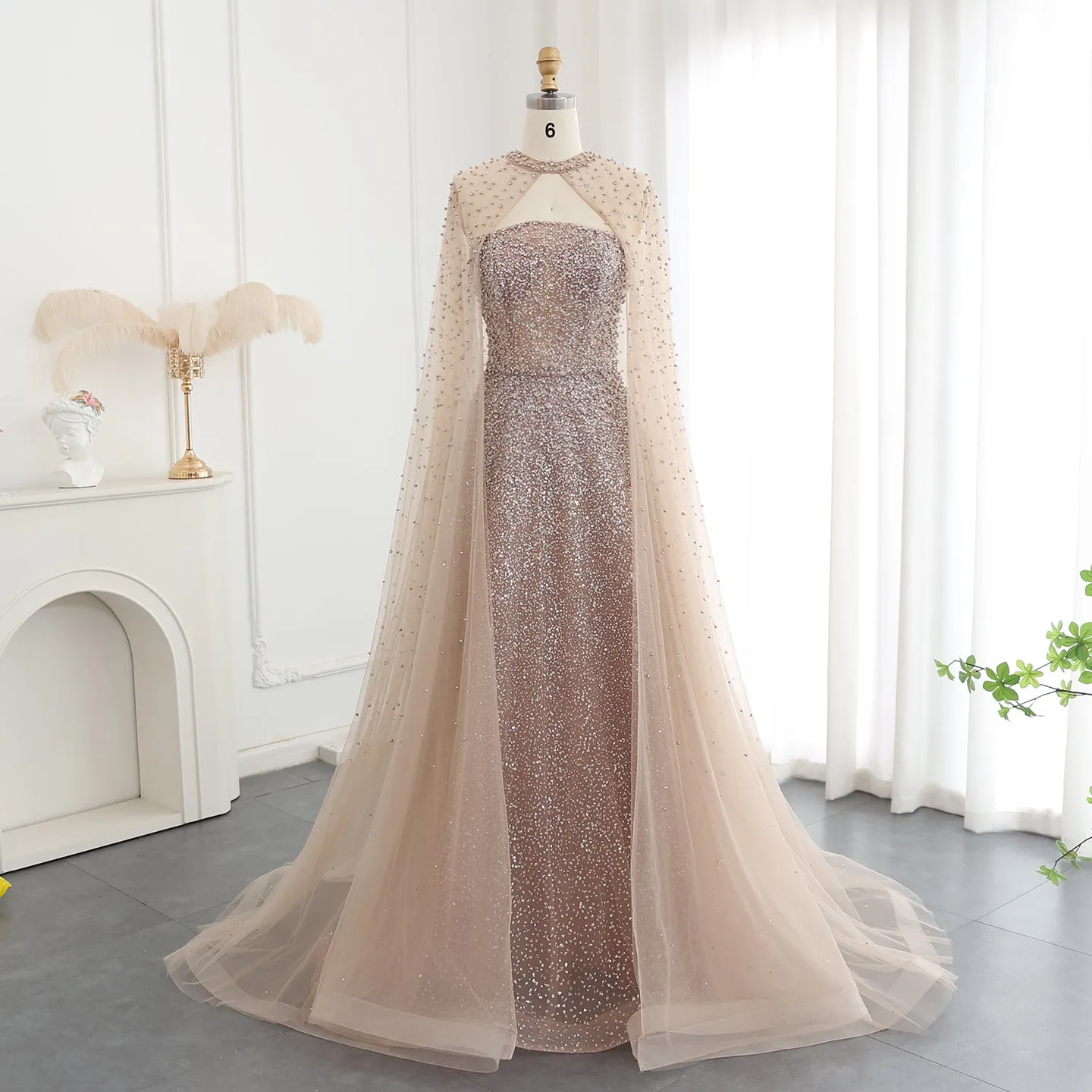 Sparkly Crystal Turquoise Evening Dress with Cape SS198