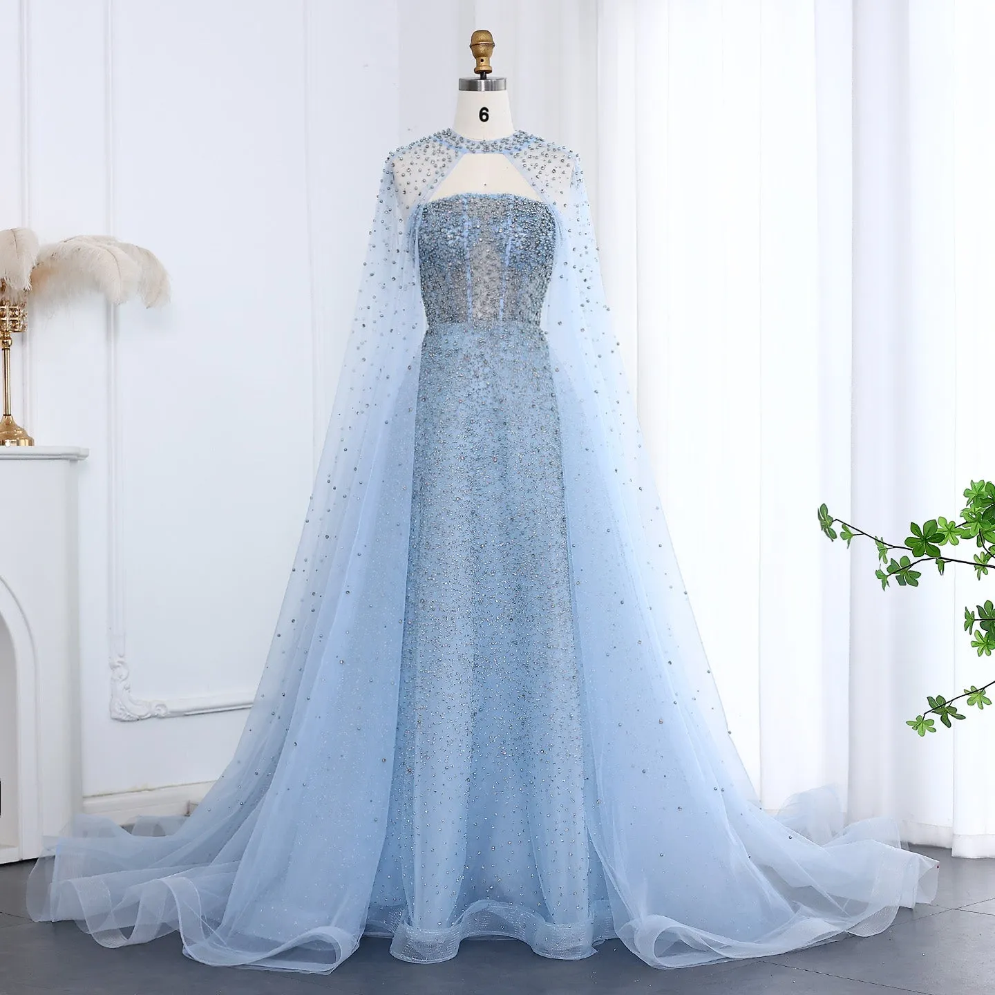 Sparkly Crystal Turquoise Evening Dress with Cape SS198