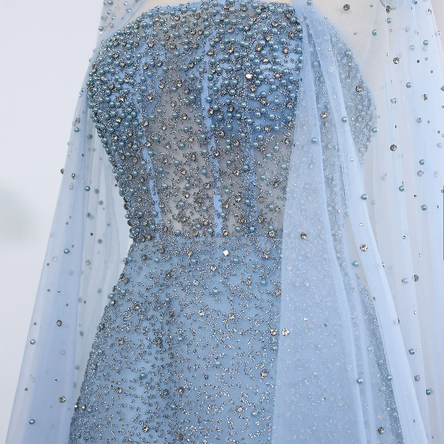 Sparkly Crystal Turquoise Evening Dress with Cape SS198
