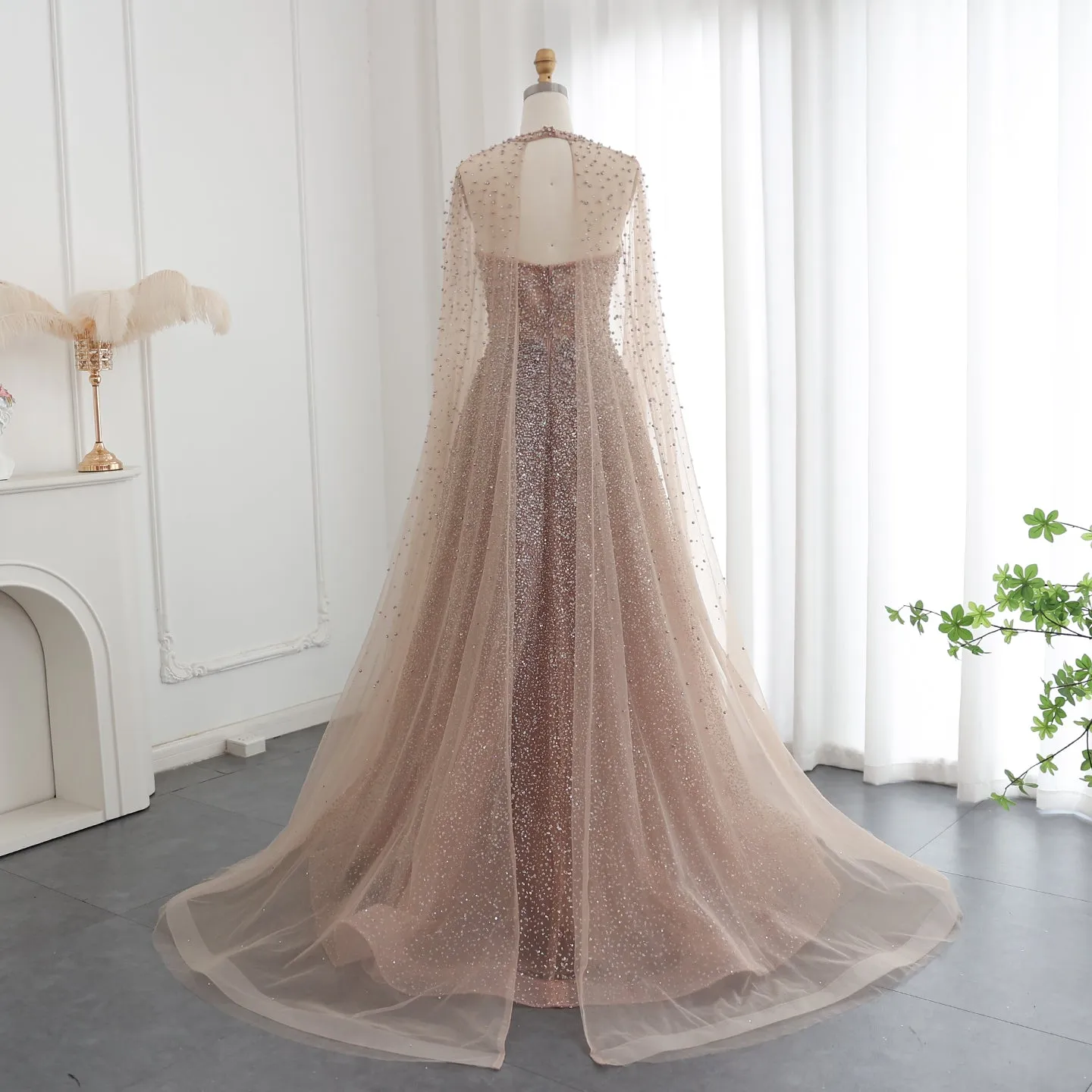 Sparkly Crystal Turquoise Evening Dress with Cape SS198