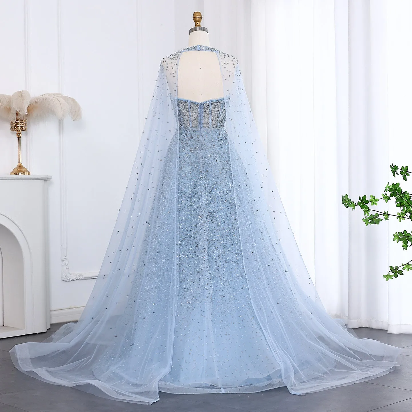 Sparkly Crystal Turquoise Evening Dress with Cape SS198