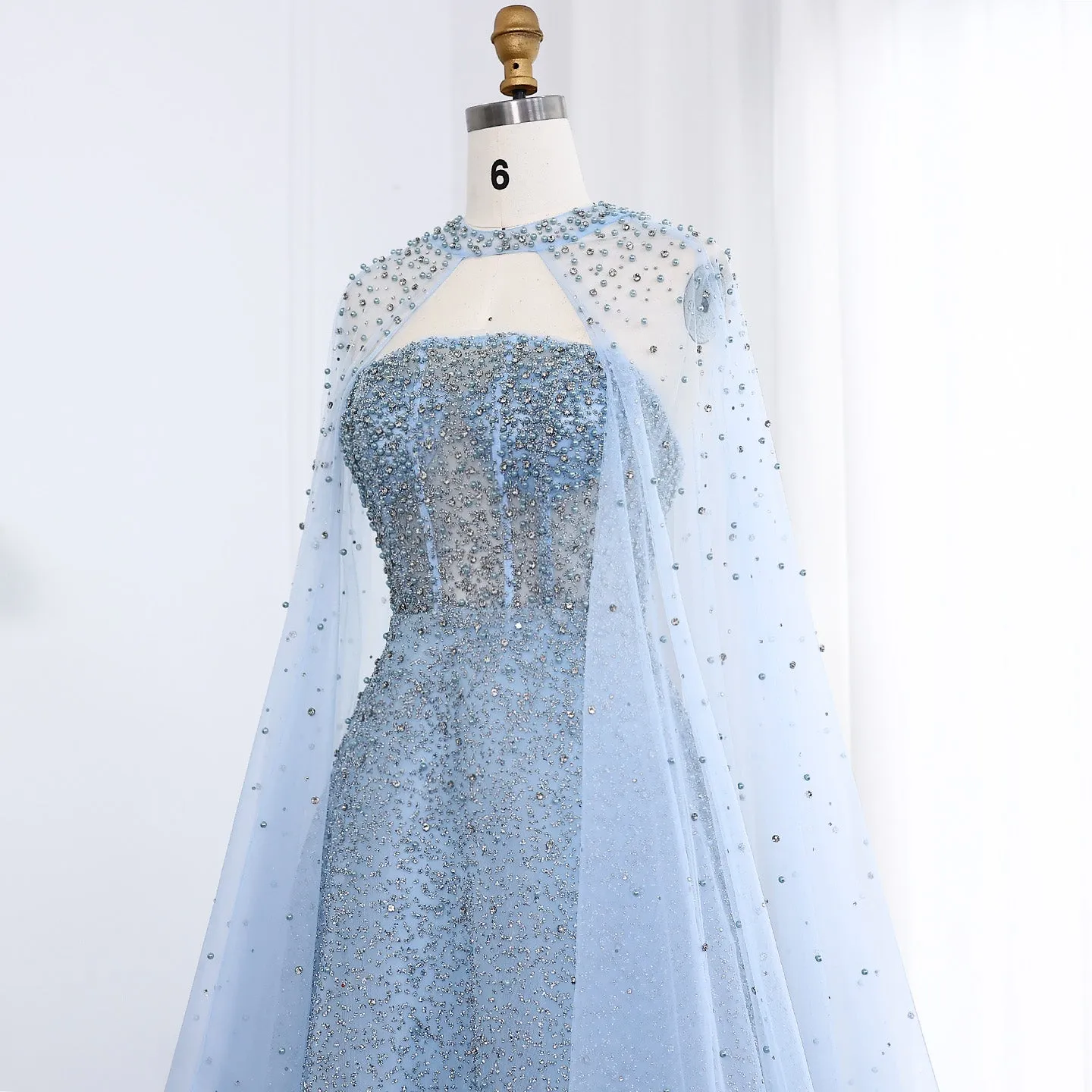 Sparkly Crystal Turquoise Evening Dress with Cape SS198