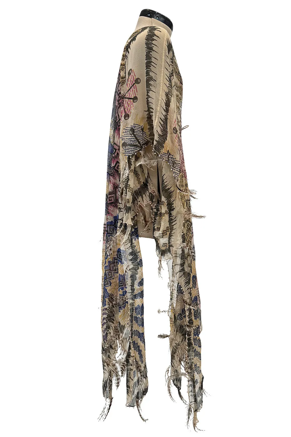 Spring 1981 Zandra Rhodes Runway & Book Piece 'Kenya & Zebras" Feather Trimmed Silk Chiffon Cape Piece