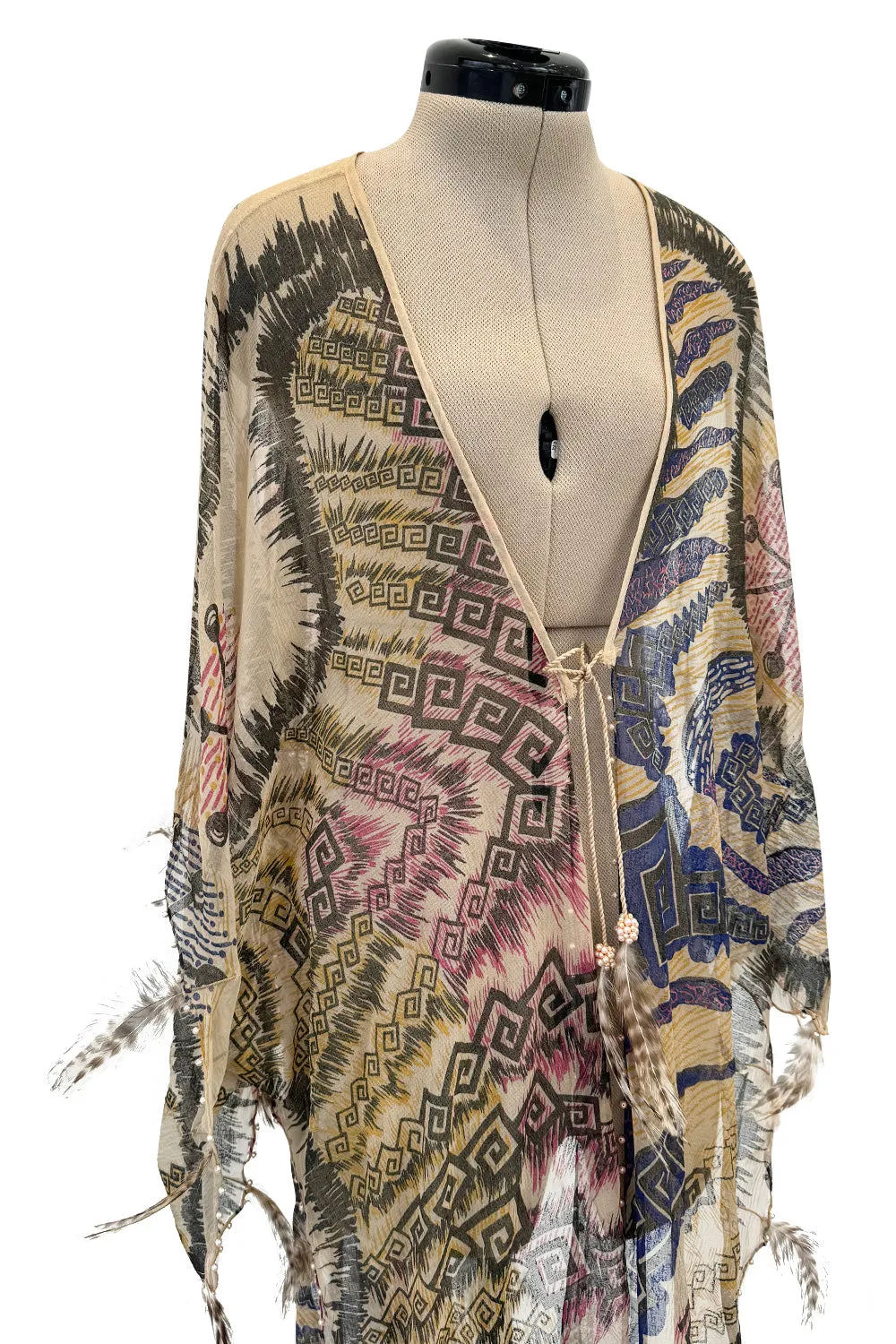 Spring 1981 Zandra Rhodes Runway & Book Piece 'Kenya & Zebras" Feather Trimmed Silk Chiffon Cape Piece