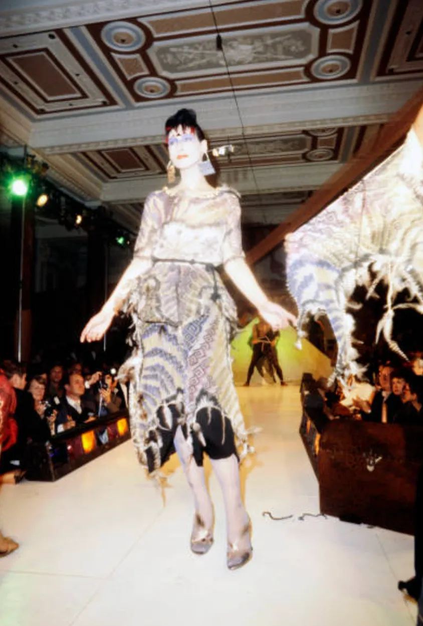 Spring 1981 Zandra Rhodes Runway & Book Piece 'Kenya & Zebras" Feather Trimmed Silk Chiffon Cape Piece