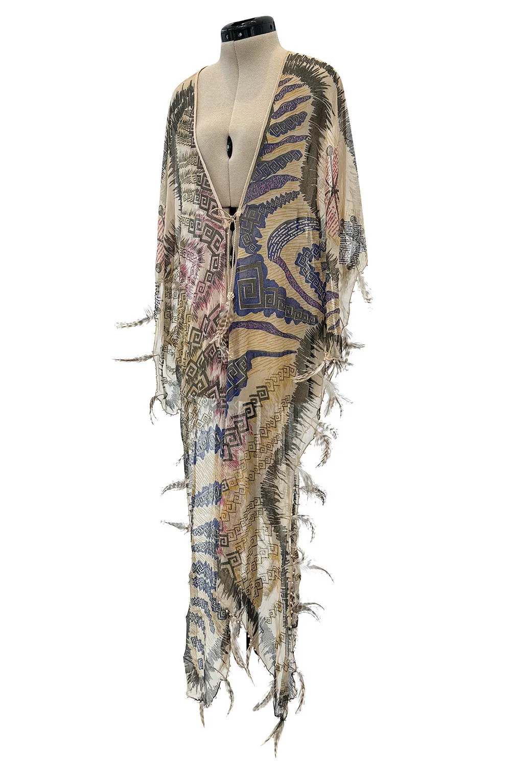Spring 1981 Zandra Rhodes Runway & Book Piece 'Kenya & Zebras" Feather Trimmed Silk Chiffon Cape Piece