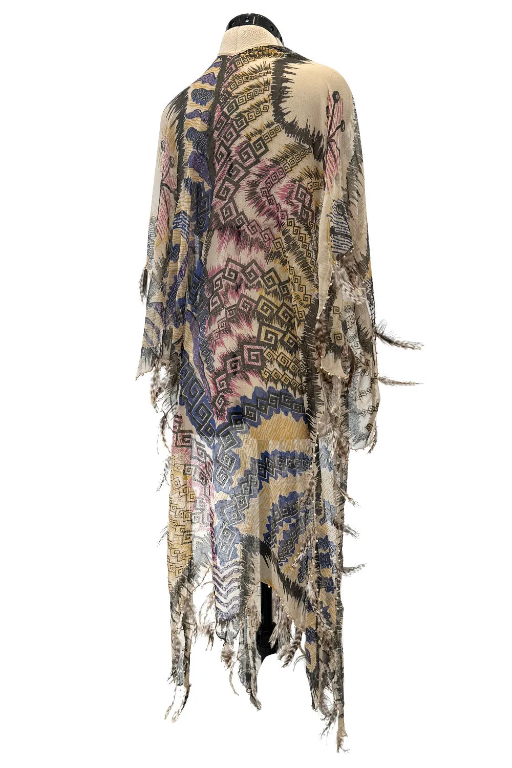 Spring 1981 Zandra Rhodes Runway & Book Piece 'Kenya & Zebras" Feather Trimmed Silk Chiffon Cape Piece