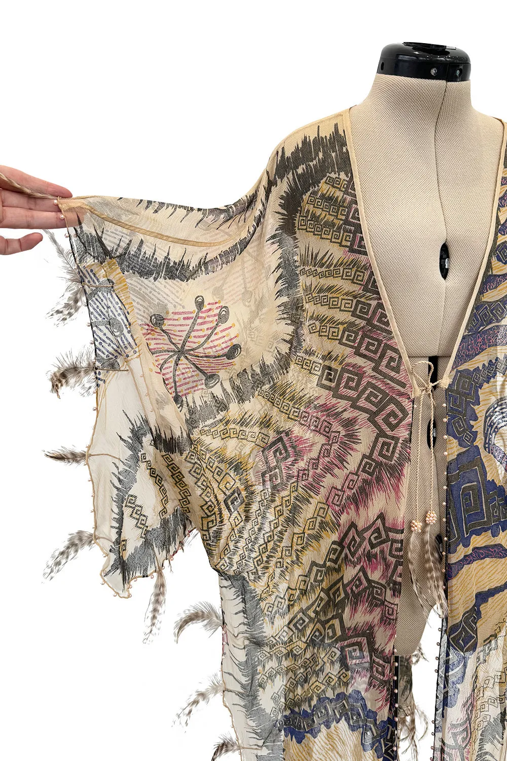 Spring 1981 Zandra Rhodes Runway & Book Piece 'Kenya & Zebras" Feather Trimmed Silk Chiffon Cape Piece