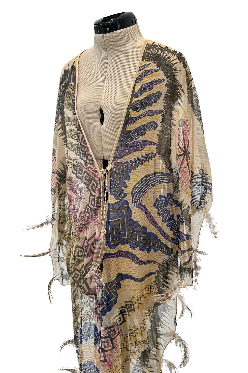 Spring 1981 Zandra Rhodes Runway & Book Piece 'Kenya & Zebras" Feather Trimmed Silk Chiffon Cape Piece