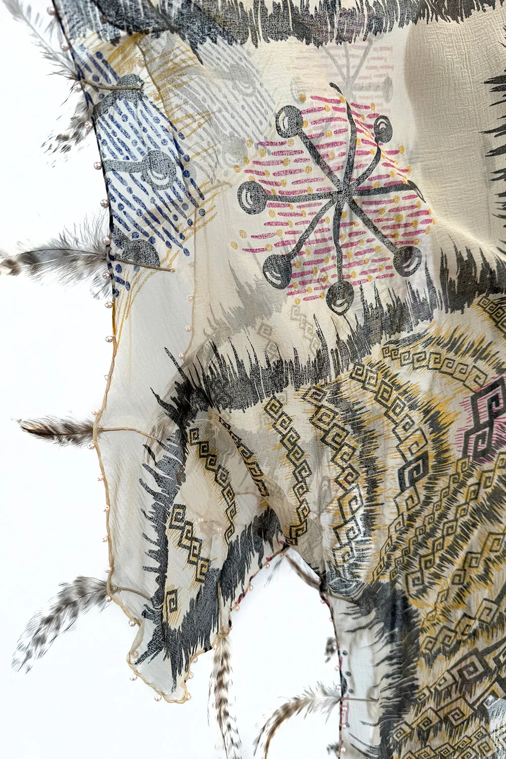 Spring 1981 Zandra Rhodes Runway & Book Piece 'Kenya & Zebras" Feather Trimmed Silk Chiffon Cape Piece