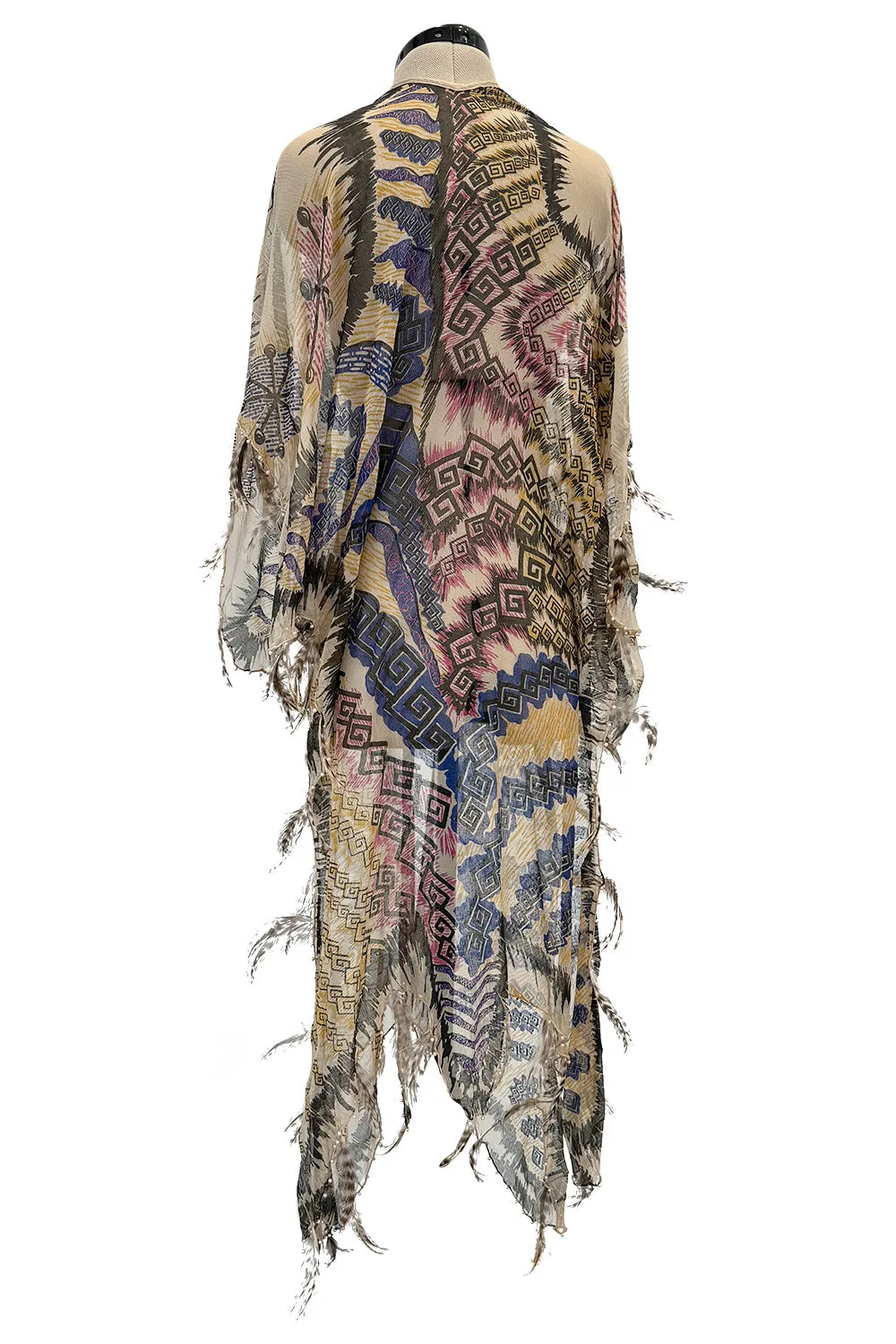 Spring 1981 Zandra Rhodes Runway & Book Piece 'Kenya & Zebras" Feather Trimmed Silk Chiffon Cape Piece