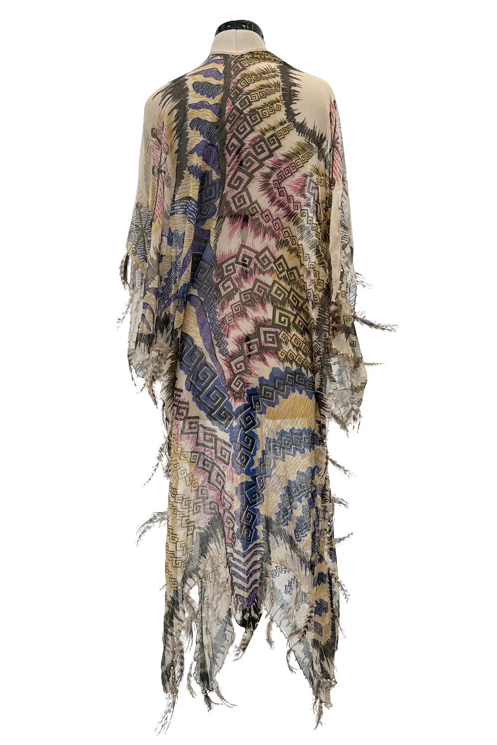 Spring 1981 Zandra Rhodes Runway & Book Piece 'Kenya & Zebras" Feather Trimmed Silk Chiffon Cape Piece