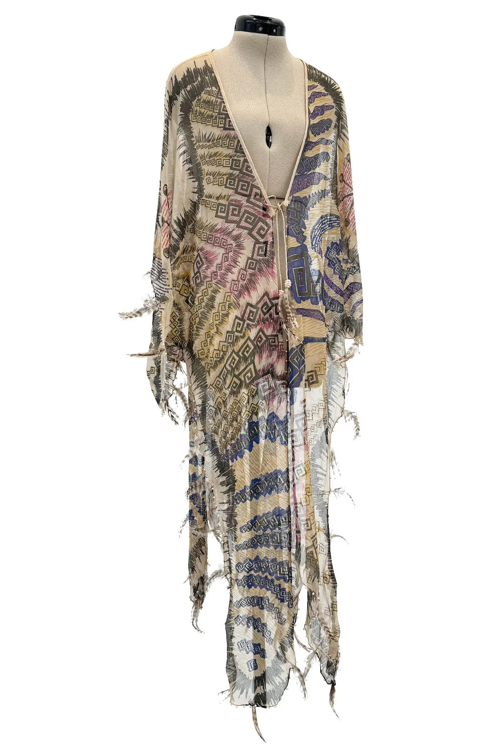 Spring 1981 Zandra Rhodes Runway & Book Piece 'Kenya & Zebras" Feather Trimmed Silk Chiffon Cape Piece