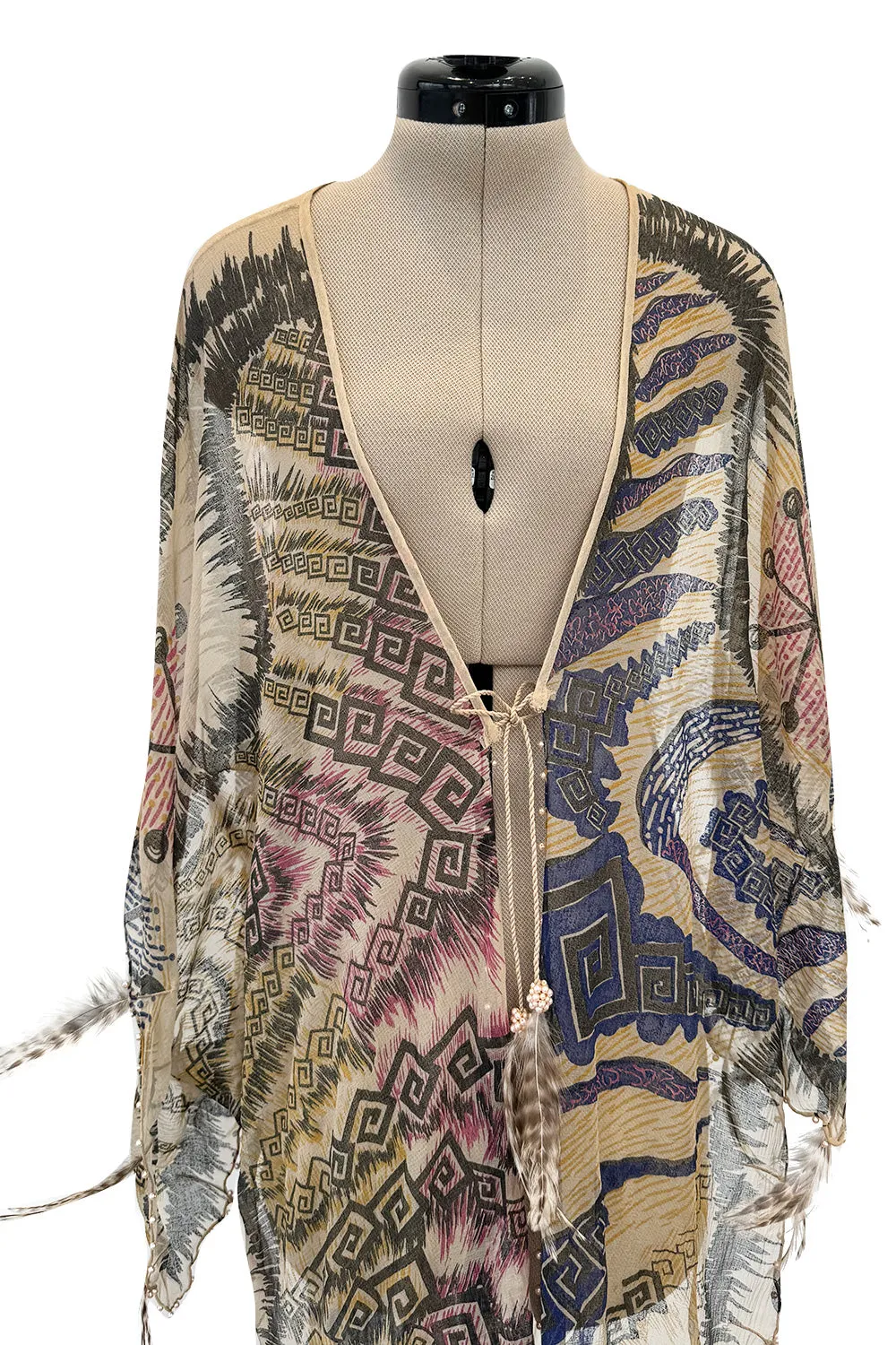Spring 1981 Zandra Rhodes Runway & Book Piece 'Kenya & Zebras" Feather Trimmed Silk Chiffon Cape Piece