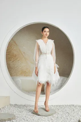 Strauss A-line Cuff Sleeved Mesh Sheer Knee-length Dress