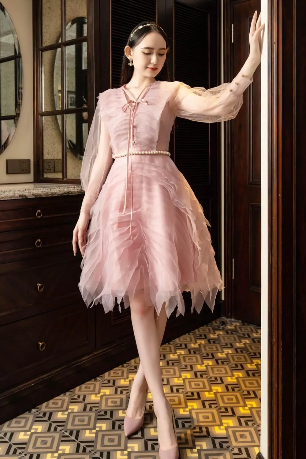 Strauss A-line Cuff Sleeved Mesh Sheer Knee-length Dress