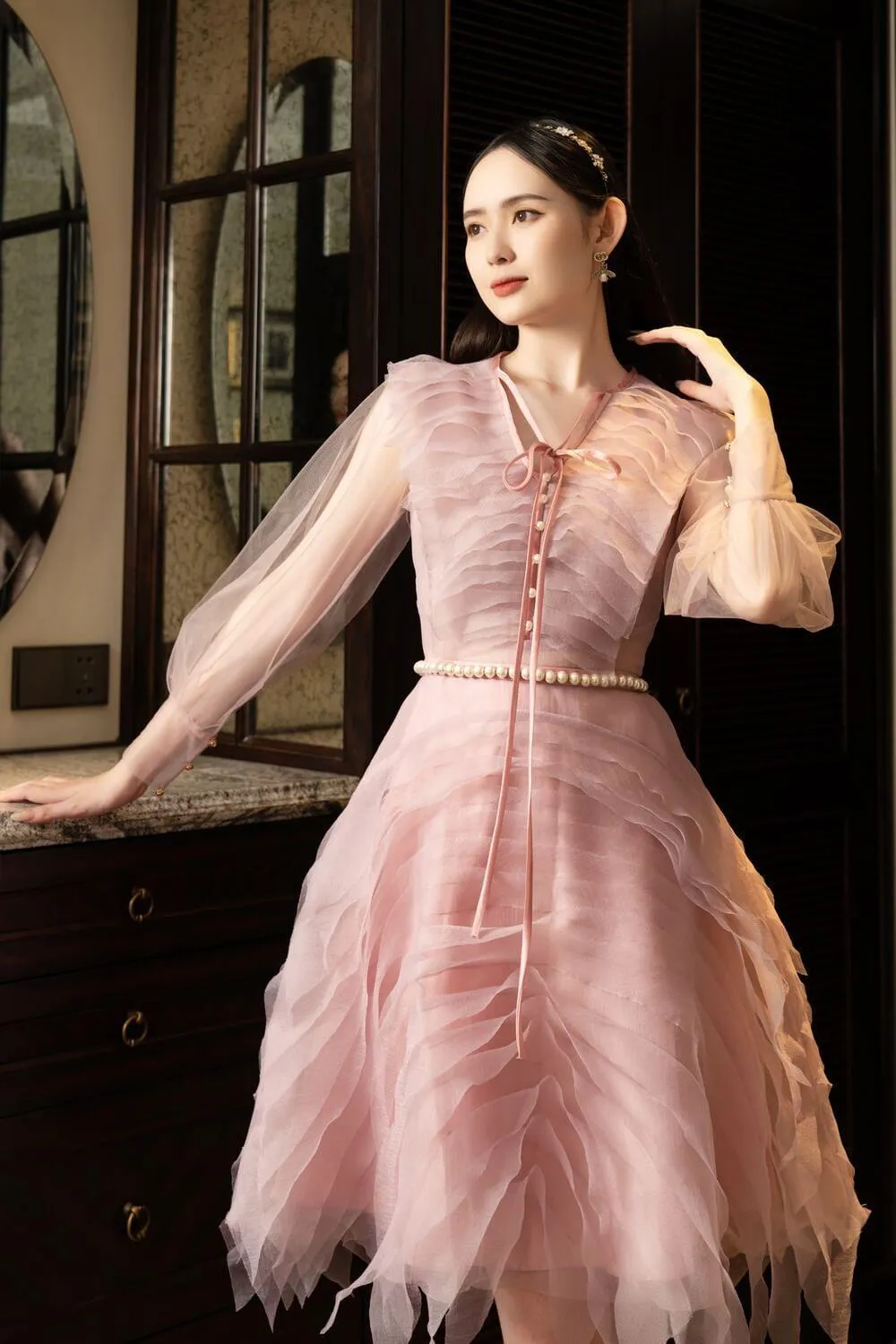 Strauss A-line Cuff Sleeved Mesh Sheer Knee-length Dress