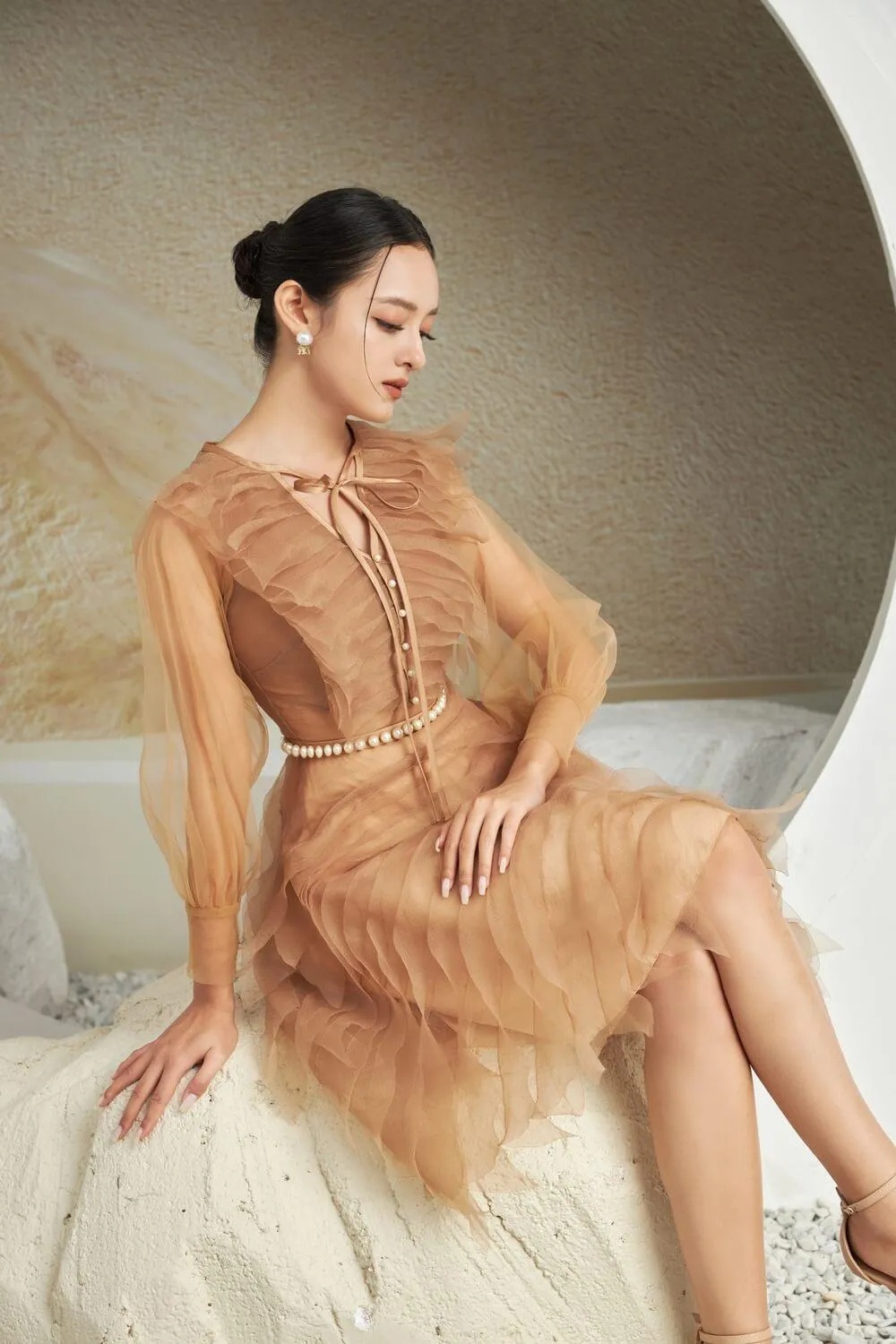 Strauss A-line Cuff Sleeved Mesh Sheer Knee-length Dress