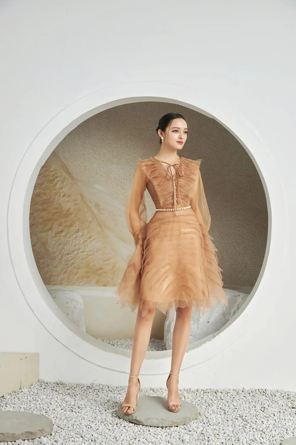 Strauss A-line Cuff Sleeved Mesh Sheer Knee-length Dress