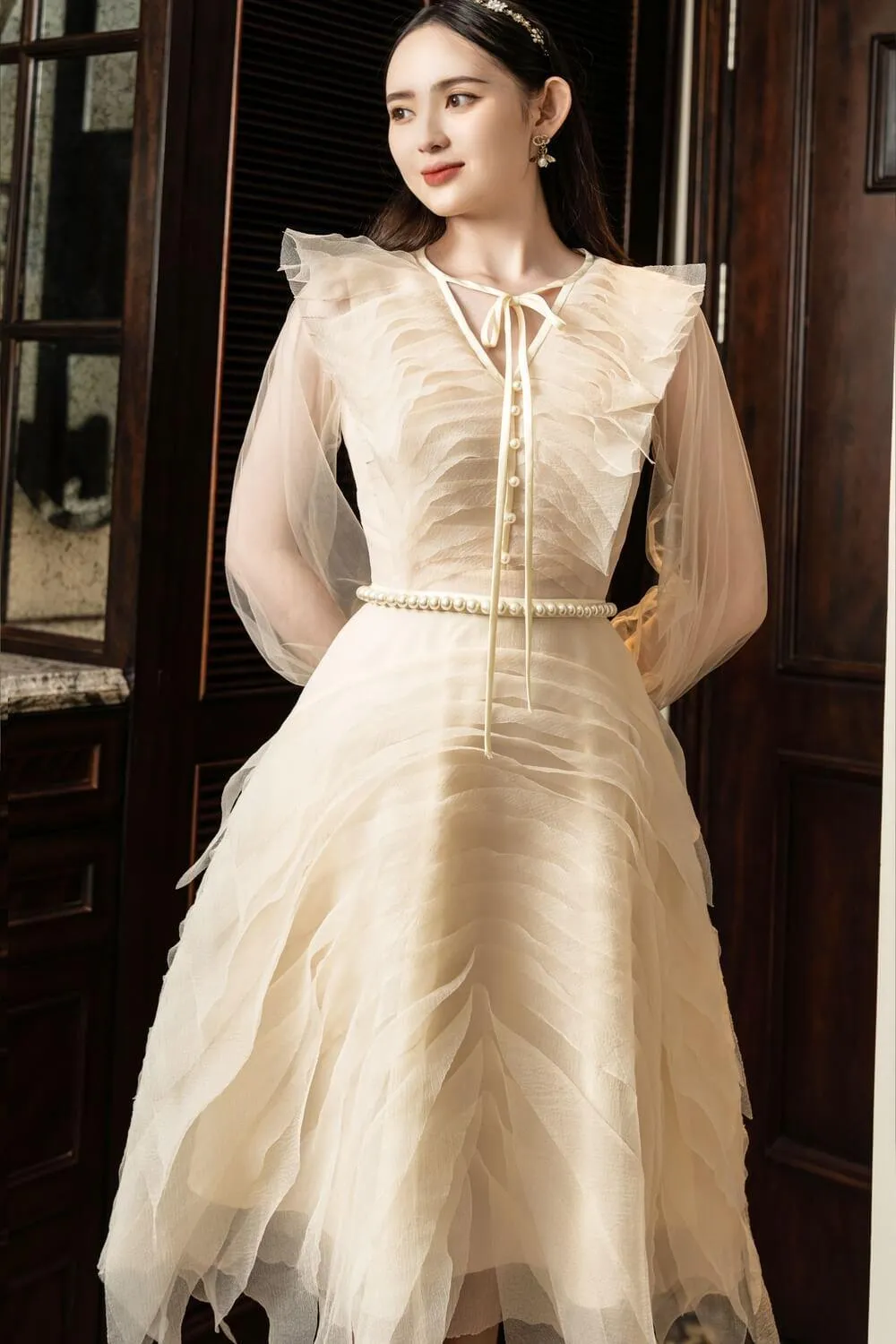 Strauss A-line Cuff Sleeved Mesh Sheer Knee-length Dress