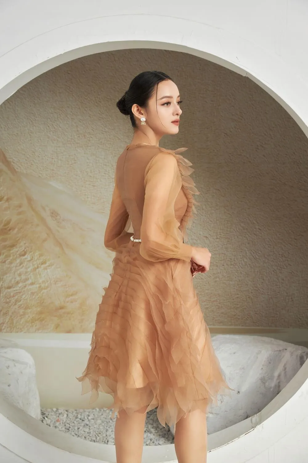 Strauss A-line Cuff Sleeved Mesh Sheer Knee-length Dress