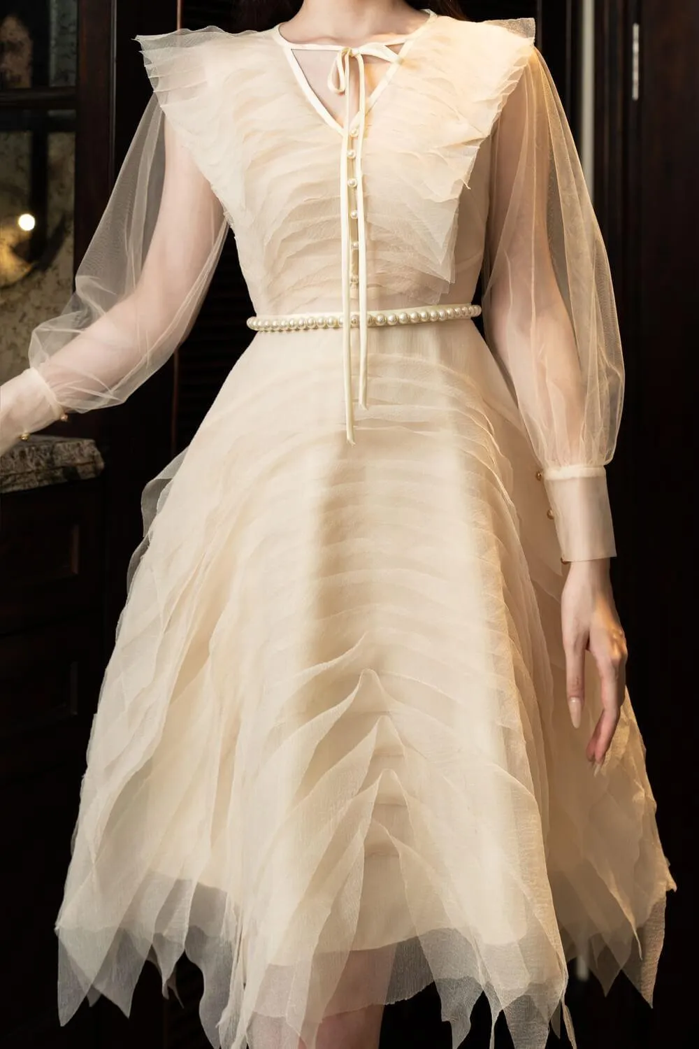 Strauss A-line Cuff Sleeved Mesh Sheer Knee-length Dress