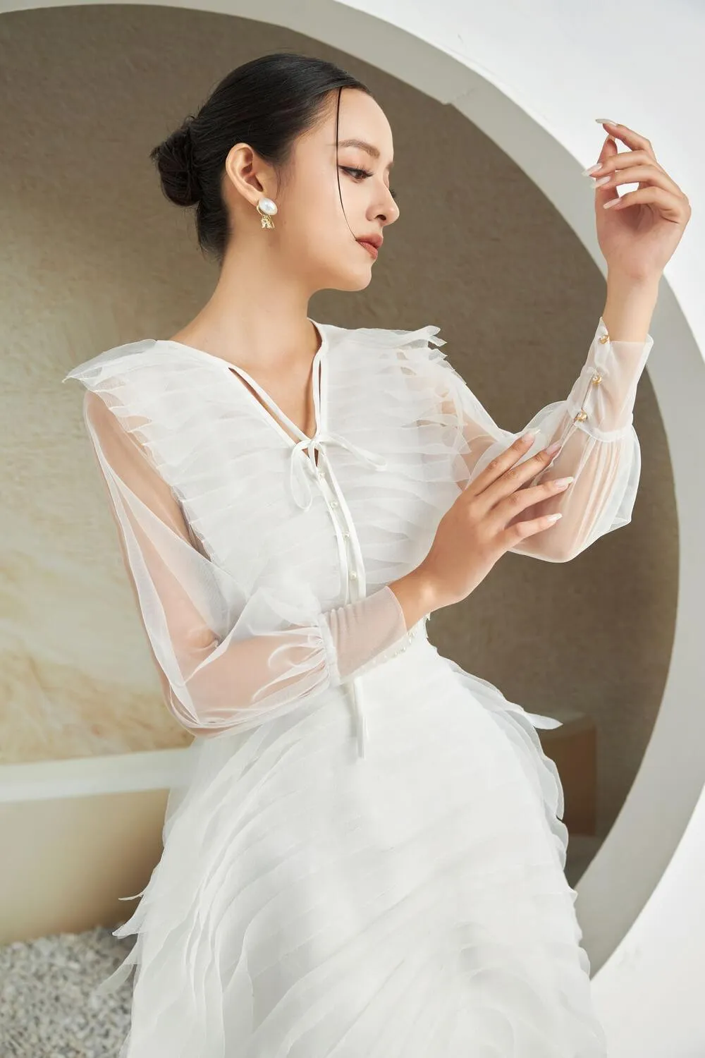 Strauss A-line Cuff Sleeved Mesh Sheer Knee-length Dress