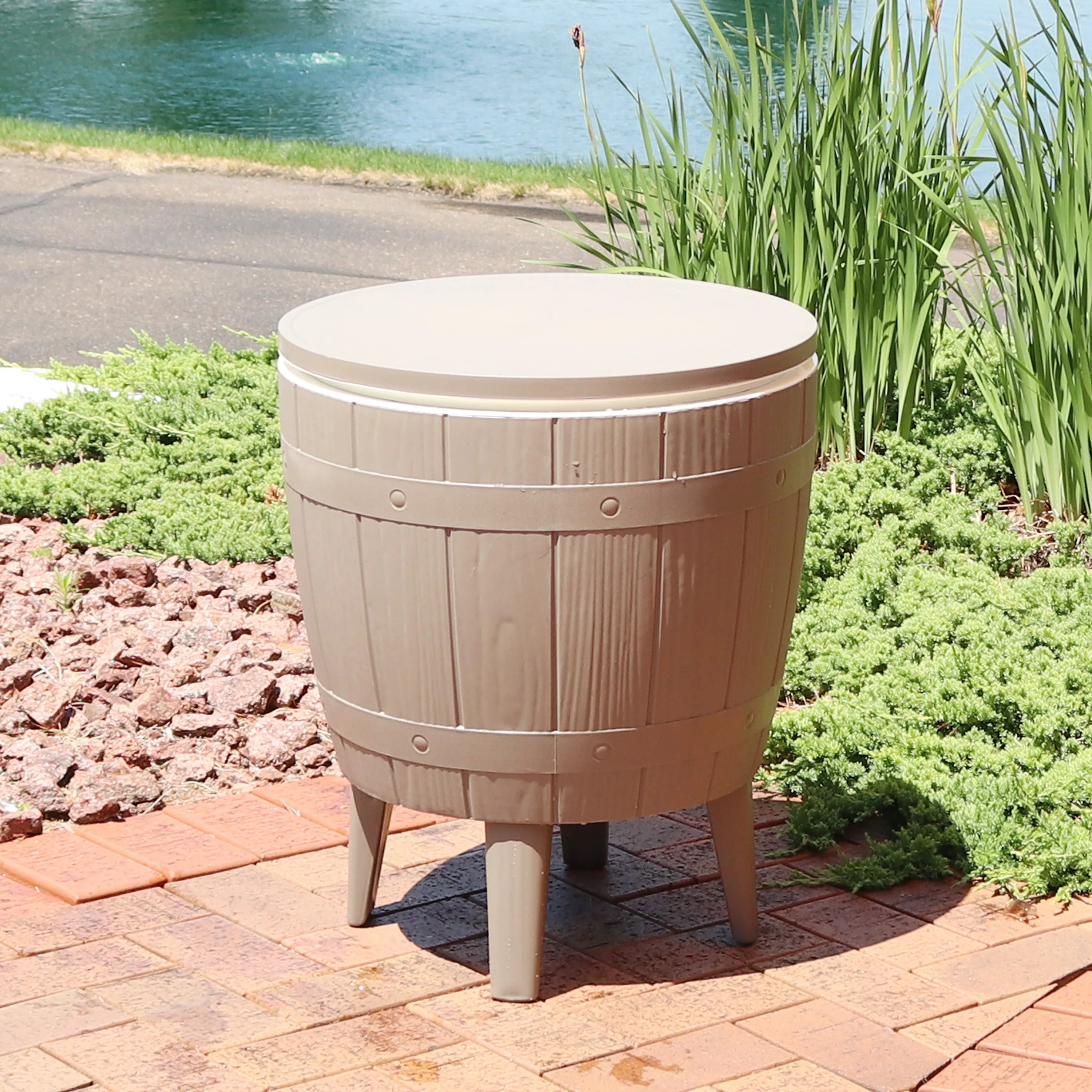 Sunnydaze 3-in-1 Faux Wood Outdoor Bar Table with Cooler - Driftwood