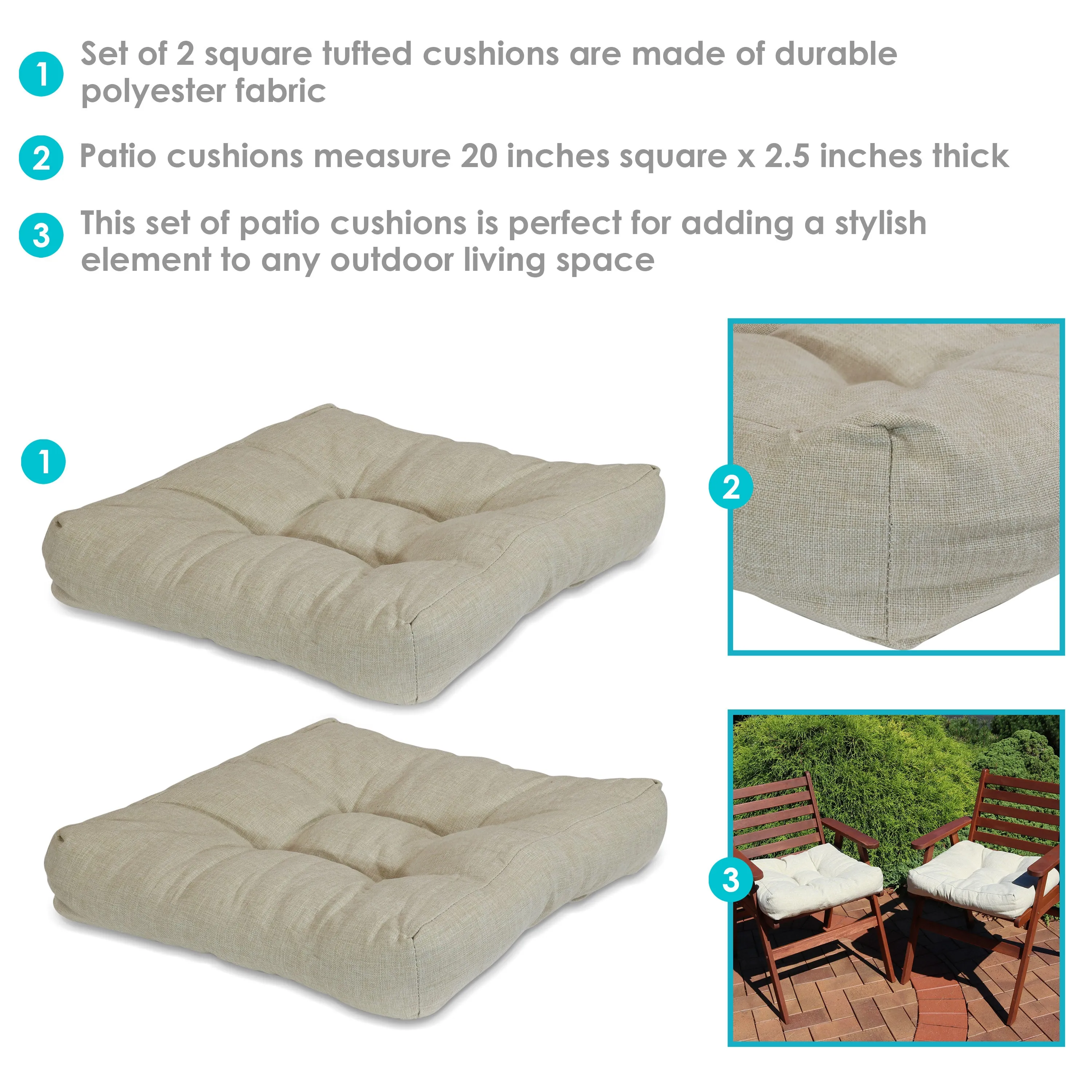 Sunnydaze Set of 2 Olefin Tufted Outdoor Square Patio Cushions