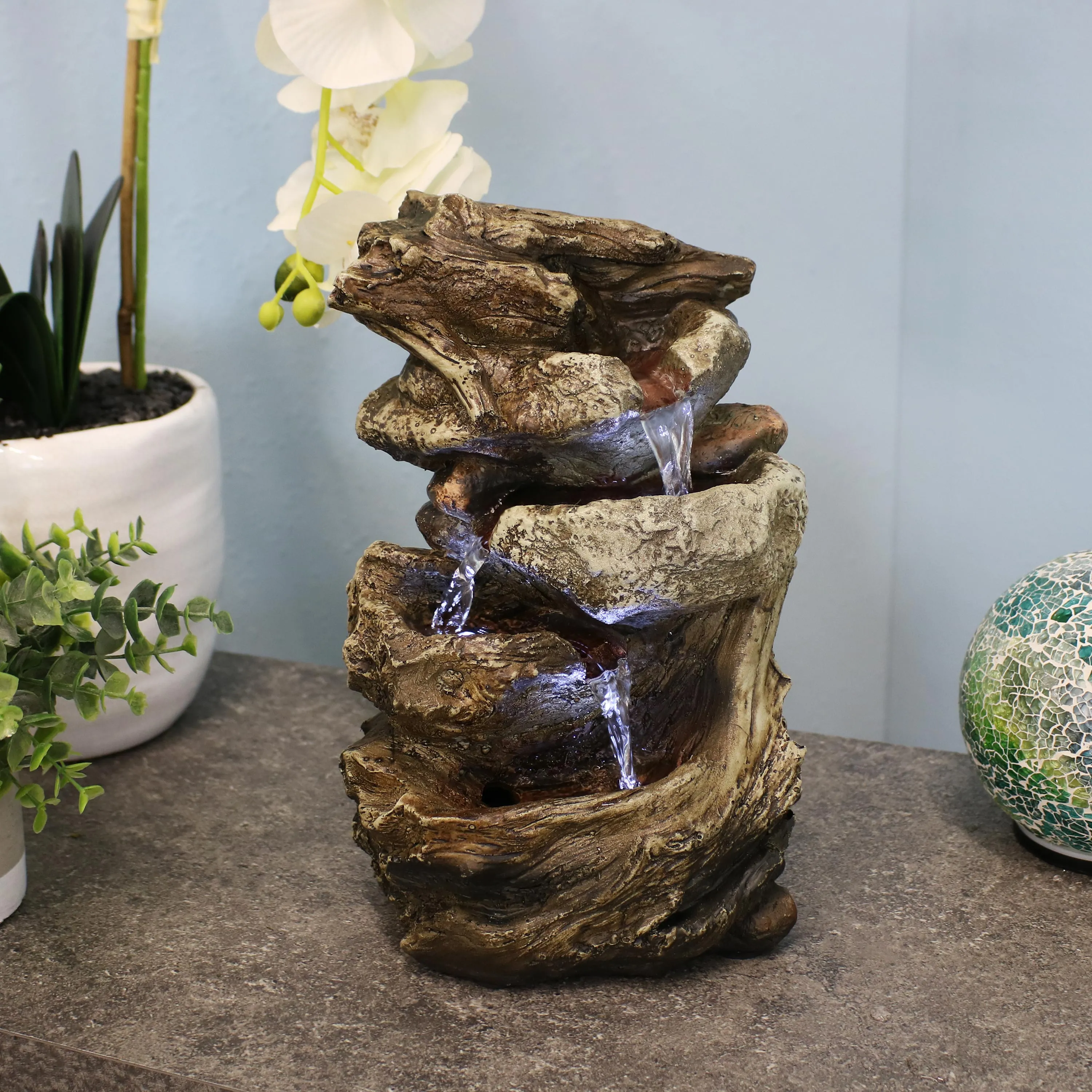 Sunnydaze Tiered Rock & Log Indoor Waterfall Fountain with LED Lights - 10"