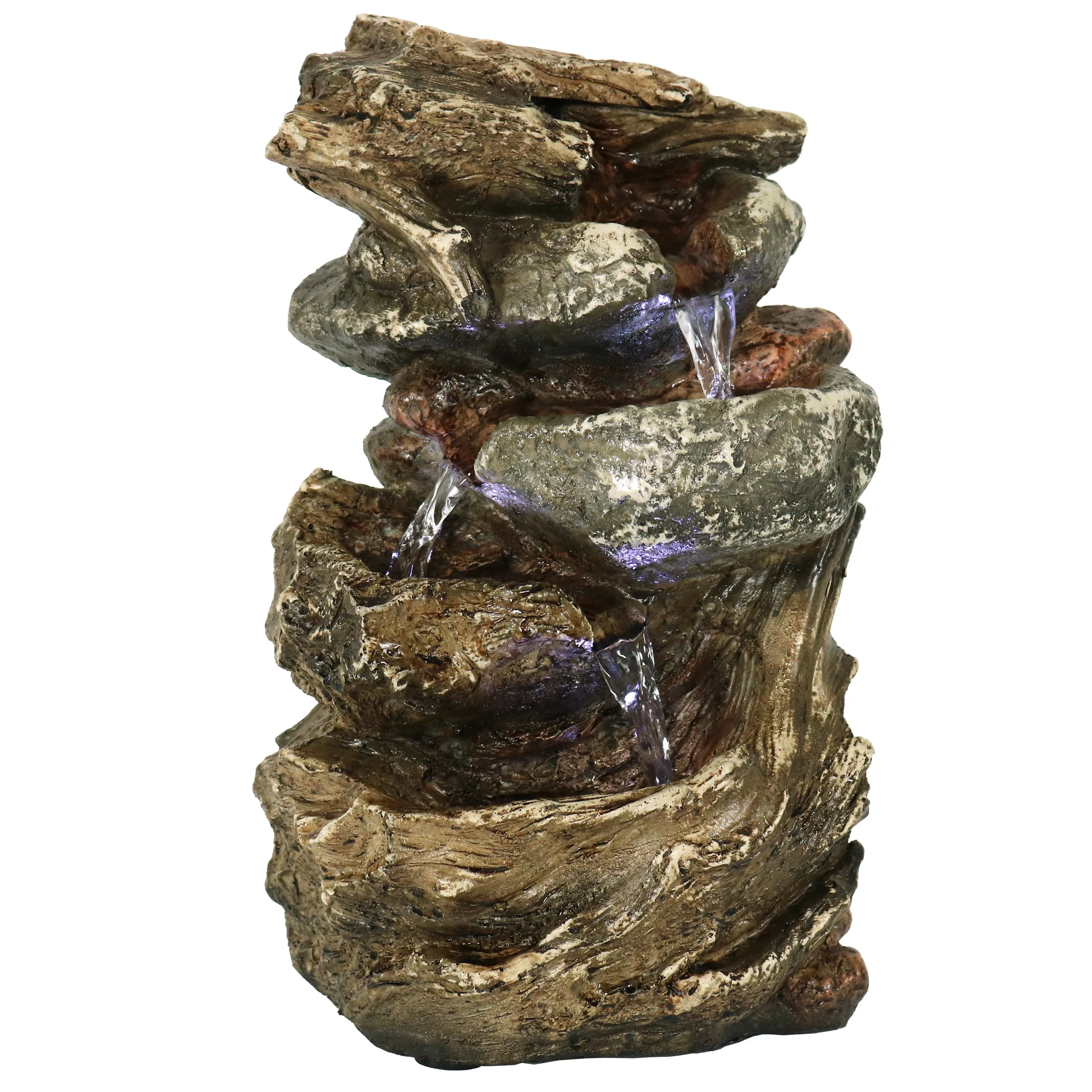 Sunnydaze Tiered Rock & Log Indoor Waterfall Fountain with LED Lights - 10"