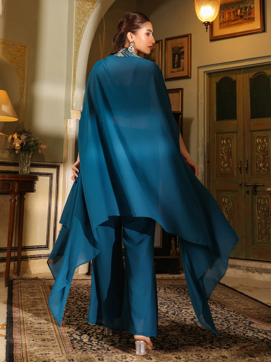 Teal Blue Georgette Sequined Crop Top With Pant & Cape Set  - By Janasya